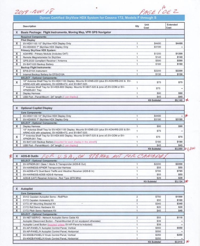 ' Price List, Page 1A of 2, SkyView, HDX System, CESSNA, Models ''F to S  incl.'', 2019 Nov. 19.jpeg