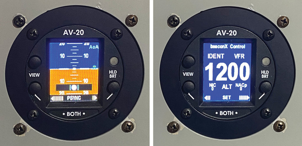 The AV-20 display in attitude mode (left) and on the transponder page (right). All transponder modes are managed through this device.jpg